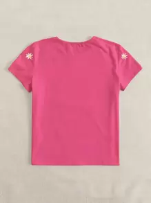 SHEIN EZwear 花卉刺繡短袖t恤 - 粉色 - 查看 2