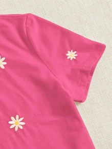 SHEIN EZwear 花卉刺繡短袖t恤 - 粉色 - 查看 3