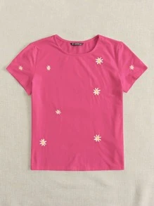 SHEIN EZwear 花卉刺繡短袖t恤 - 粉色 - 查看 4