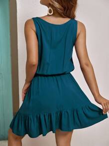 SHEIN VCAY 前繫帶荷葉邊連衣裙 - 水鴨藍 - 查看 2