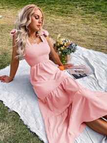 SHEIN VCAY 肩上打結打褶荷葉邊吊帶連衣裙 - 粉色 - 查看 1