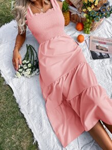 SHEIN VCAY 肩上打結打褶荷葉邊吊帶連衣裙 - 粉色 - 查看 5