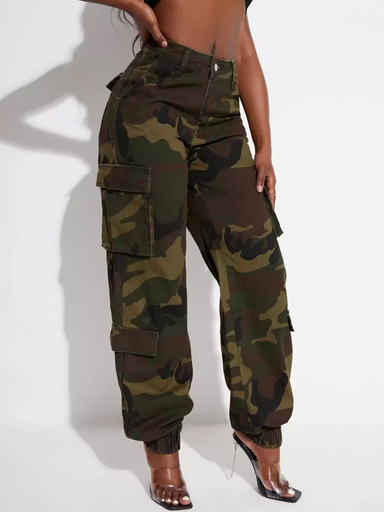 SHEIN SXY כפתור כיס טבעת רוכסן הסוואה ג'ינס - ריבוי צבעים - ראה 3