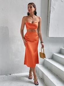 GENKIRA 素色鏤空交叉露背緞面吊帶連衣裙 - 橘色 - 查看 6