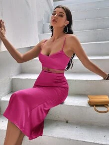 Solid Cut Out Criss Cross Backless Satin Cami Dress - Hot Pink - View 4