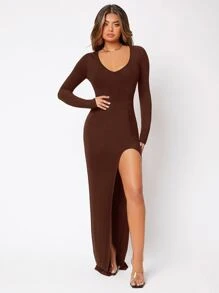 SHEIN SXY Solid Split Thigh Scoop Neck Sexy Maxi Dress - Chocolate Brown - View 3