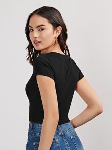 SHEIN EZwear Áo crop top đan gân - màu đen - Xem 3