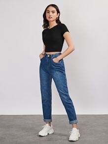 SHEIN EZwear Áo crop top đan gân - màu đen - Xem 5
