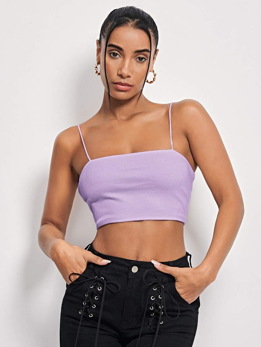 SHEIN Essnce Áo hai dây Gân đan màu trơn Giải trí - Màu Lilac Tím - Xem 1