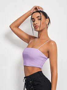 SHEIN Essnce Áo hai dây Gân đan màu trơn Giải trí - Màu Lilac Tím - Xem 3
