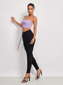 SHEIN Essnce Áo hai dây Gân đan màu trơn Giải trí - Màu Lilac Tím - Xem 4