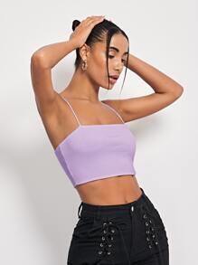 SHEIN Essnce Áo hai dây Gân đan màu trơn Giải trí - Màu Lilac Tím - Xem 5