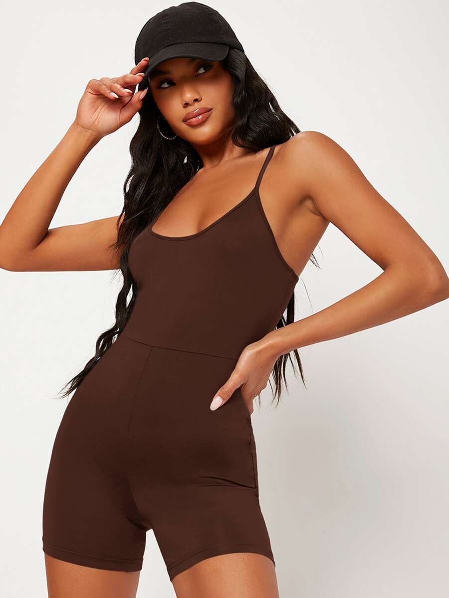 SHEIN BASICS Solid Cami Unitard Romper - Coffee Brown - View 1