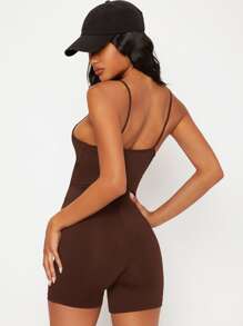 SHEIN BASICS Solid Cami Unitard Romper - Coffee Brown - View 2