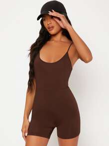SHEIN BASICS Solid Cami Unitard Romper - Coffee Brown - View 3