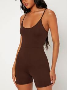 SHEIN BASICS Solid Cami Unitard Romper - Coffee Brown - View 5
