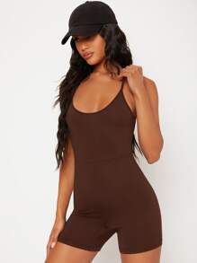 SHEIN BASICS Solid Cami Unitard Romper - Coffee Brown - View 6