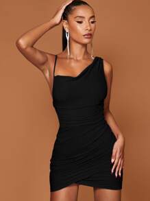 SHEIN BAE Asymmetrical Shoulder Draped Ruched Wrap Hem Bodycon Dress - Black - View 3