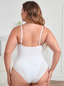 SHEIN Privé 大碼拼接睫毛蕾絲吊帶連體衣 - 白色 - 查看 2