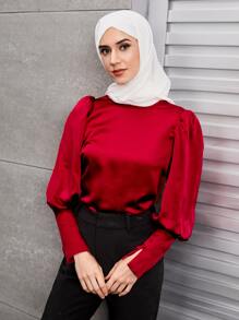 SHEIN Privé Buttoned Cuff Lantern Sleeve Satin Top - Red - View 1