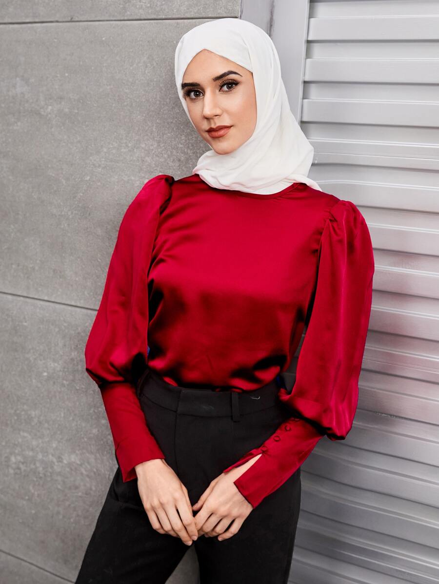 SHEIN Privé Buttoned Cuff Lantern Sleeve Satin Top - Red - View 1