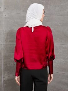 SHEIN Privé Buttoned Cuff Lantern Sleeve Satin Top - Red - View 2