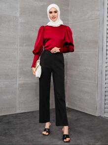 SHEIN Privé Buttoned Cuff Lantern Sleeve Satin Top - Red - View 3