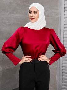 SHEIN Privé Buttoned Cuff Lantern Sleeve Satin Top - Red - View 4