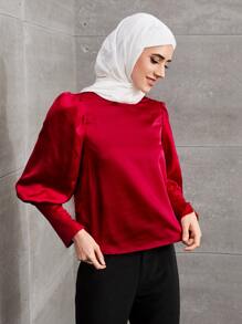 SHEIN Privé Buttoned Cuff Lantern Sleeve Satin Top - Red - View 5