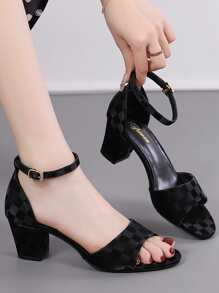 Xăng đan nữ có dây đeo mắt cá chân họa tiết kẻ sọc Chunky, Xăng đan cao gót mùa hè thanh lịch - màu đen - Xem 2