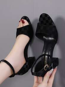 Xăng đan nữ có dây đeo mắt cá chân họa tiết kẻ sọc Chunky, Xăng đan cao gót mùa hè thanh lịch - màu đen - Xem 4