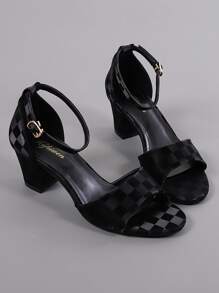 Xăng đan nữ có dây đeo mắt cá chân họa tiết kẻ sọc Chunky, Xăng đan cao gót mùa hè thanh lịch - màu đen - Xem 8