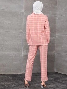 Mulvari Notched Collar Roll Tab Sleeve Grid Blazer And Shorts Set - Dusty Pink - View 2