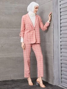 Mulvari Notched Collar Roll Tab Sleeve Grid Blazer And Shorts Set - Dusty Pink - View 3