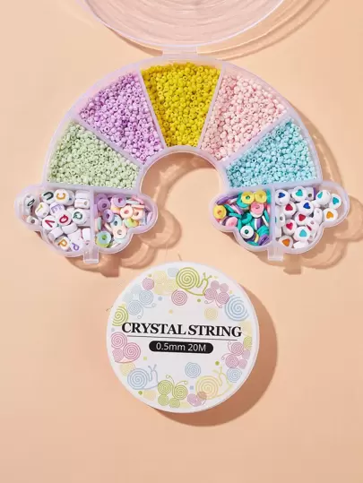 1套DIY玻璃種子珠子手鍊製作成套工具包括圓形玻璃種子珠子平底圓形亞克力和聚合物粘土珠子彈性線混色釘珠DIY首飾配件