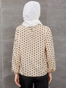 SHEIN Privé In vết tròn Polka Tay áo lồng đèn Lỗ khóa trở lại Áo Trang phục làm việc - Màu Khaki - Xem 2