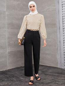 SHEIN Privé In vết tròn Polka Tay áo lồng đèn Lỗ khóa trở lại Áo Trang phục làm việc - Màu Khaki - Xem 3
