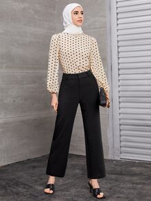 SHEIN Privé In vết tròn Polka Tay áo lồng đèn Lỗ khóa trở lại Áo Trang phục làm việc - Màu Khaki - Xem 4