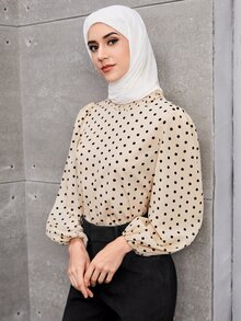 SHEIN Privé In vết tròn Polka Tay áo lồng đèn Lỗ khóa trở lại Áo Trang phục làm việc - Màu Khaki - Xem 5