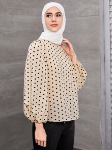 SHEIN Privé In vết tròn Polka Tay áo lồng đèn Lỗ khóa trở lại Áo Trang phục làm việc - Màu Khaki - Xem 6
