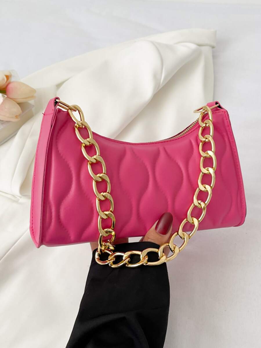 Quilted Detail Chain Bag - Hot Pink - View 1