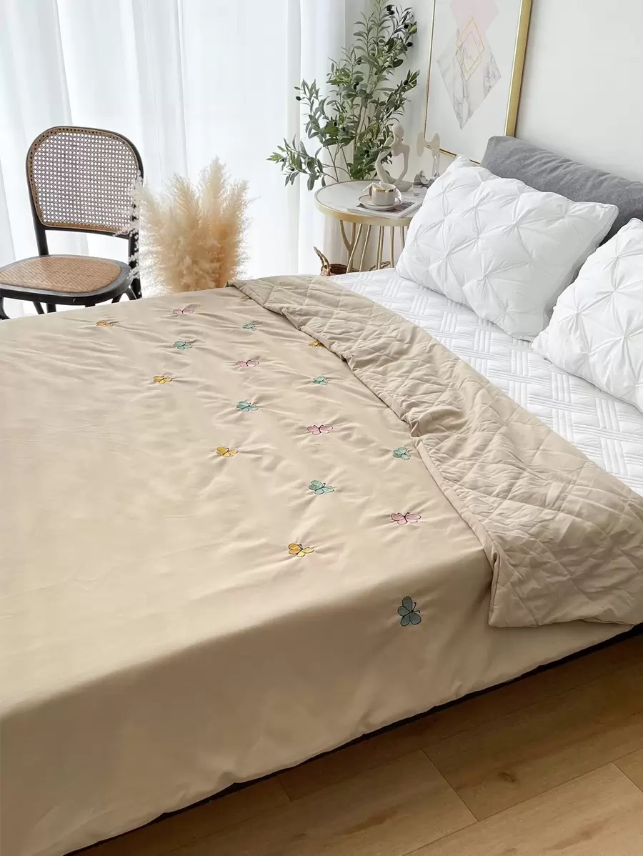Butterfly Embroidered Quilted Bedspread - Khaki - View 1