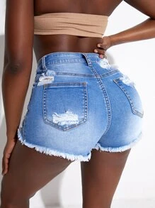 SHEIN SXY Ripped Raw Cut Denim Shorts - Light Wash - View 2