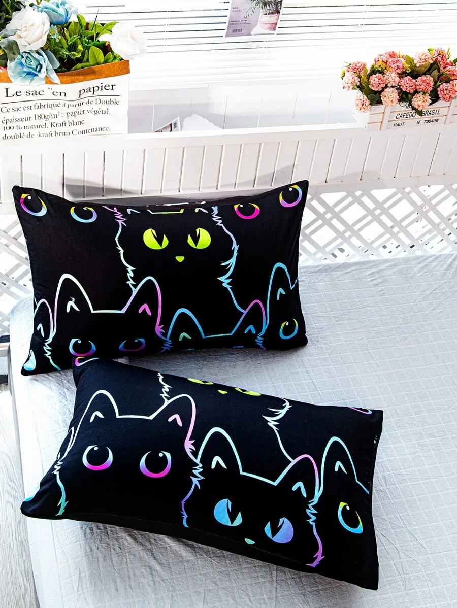 1pair Cat Pattern Pillowcase Without Filler - Multicolor - View 1