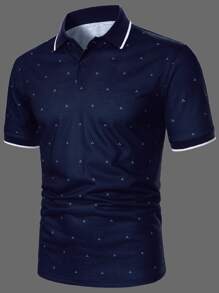 Manfinity Homme Men Allover Print Contrast Trim Polo Shirt - Navy Blue - View 1