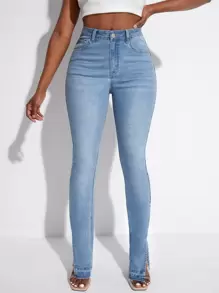 SHEIN SXY Split Hem Bootcut Jeans - Light Wash - View 1