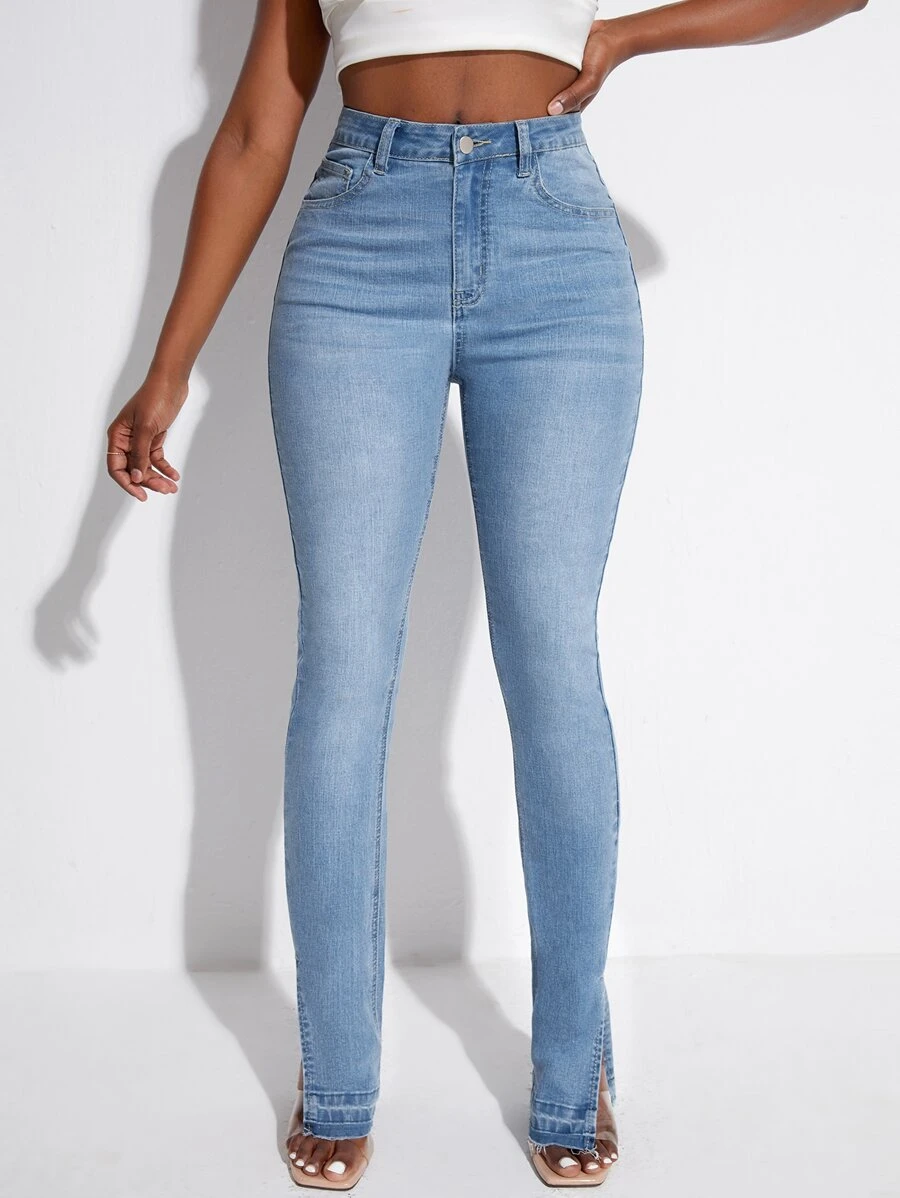 SHEIN SXY Split Hem Bootcut Jeans - Light Wash - View 1