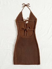 SHEIN Swim Curve Summer Beach Plus Knitted Backless Halter Cover Up Dress - Coffee Brown - View 2