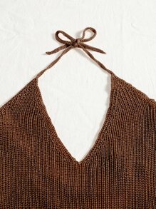 SHEIN Swim Curve Summer Beach Plus Knitted Backless Halter Cover Up Dress - Coffee Brown - View 4