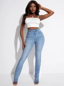 SHEIN SXY Split Hem Bootcut Jeans - Light Wash - View 3
